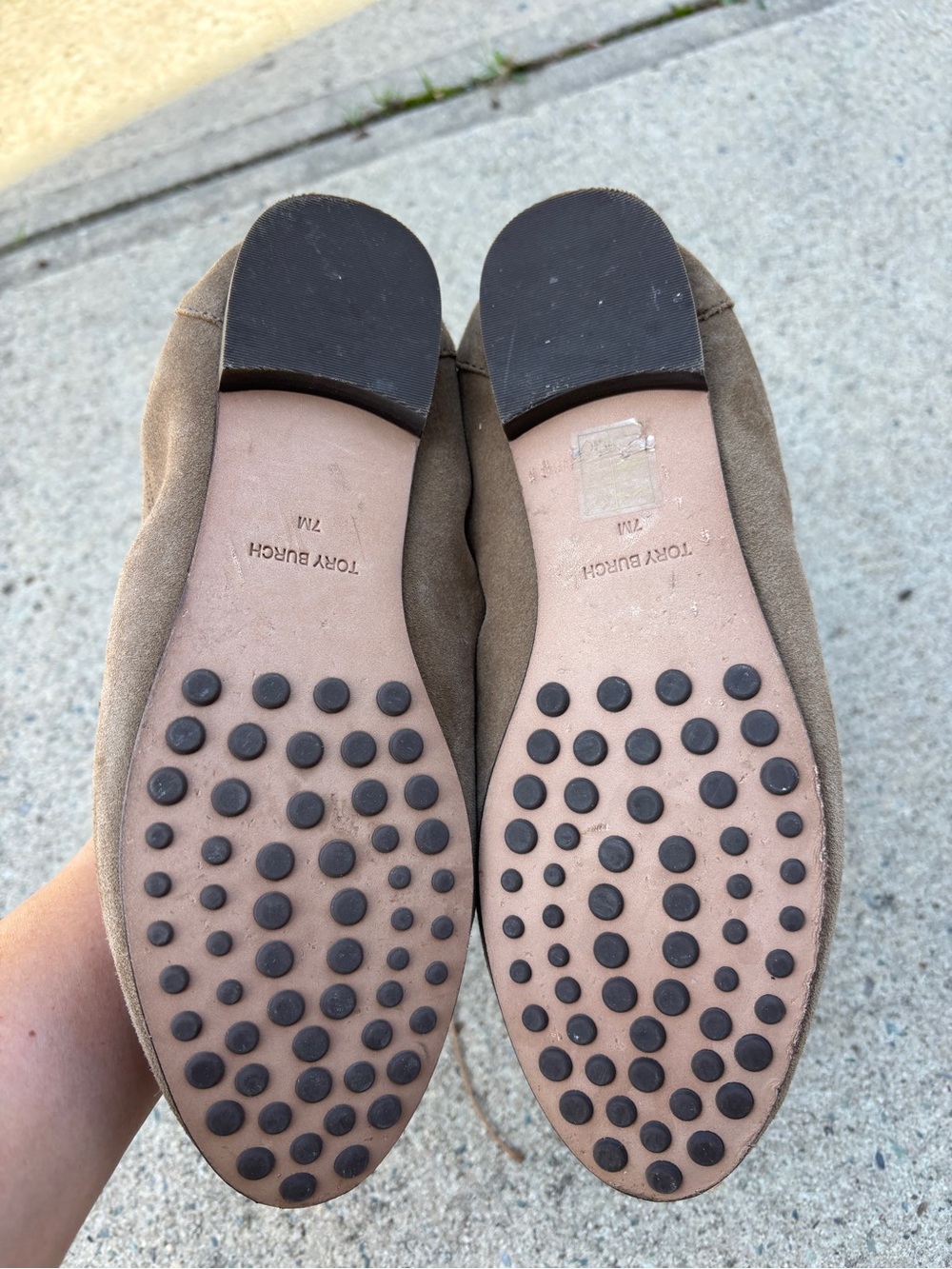 Tory Burch women’s  Taupe Suede Slip-On ballet Loafers with Gold Logo Accent - Picture 2 of 6